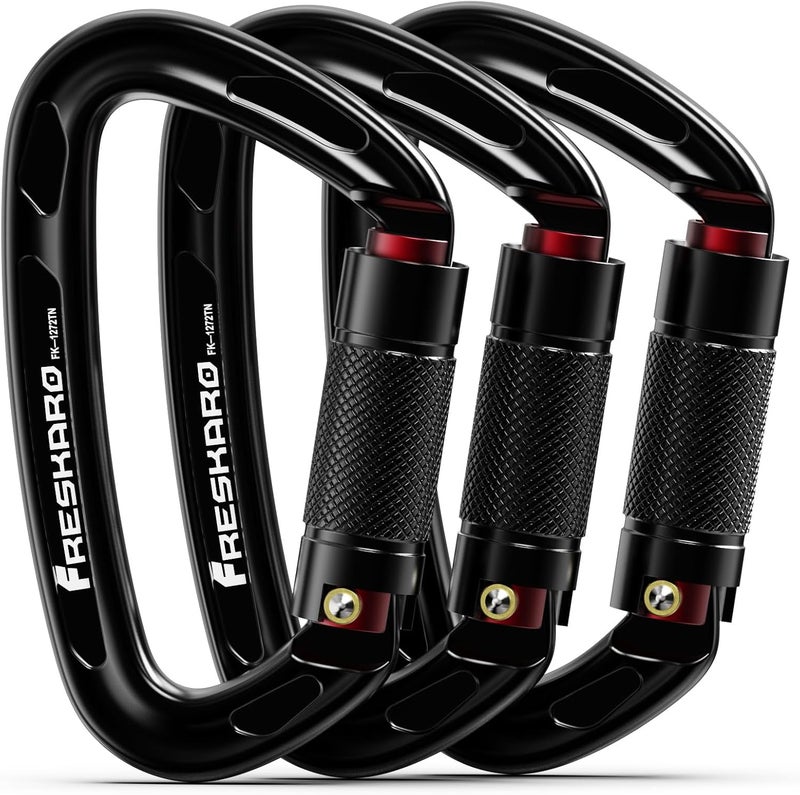 FresKaro UIAA Certified 25KN Auto Locking Climbing Carabiner Clips, Twist Lock, and Heavy Duty Carabiners for Rock Climbing, Rappelling, and Mountaineering, D Shaped - Image 1